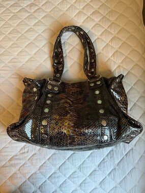 Hammitt Leather Studded Handbag – Brown Snakeskin Embossed